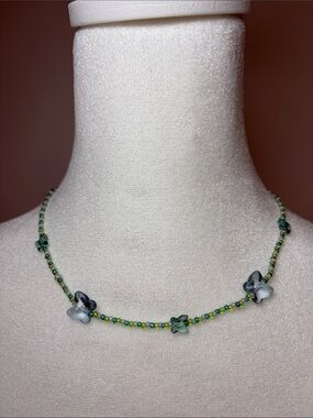 Delicate Green Beaded Butterfly Necklace - Unbranded